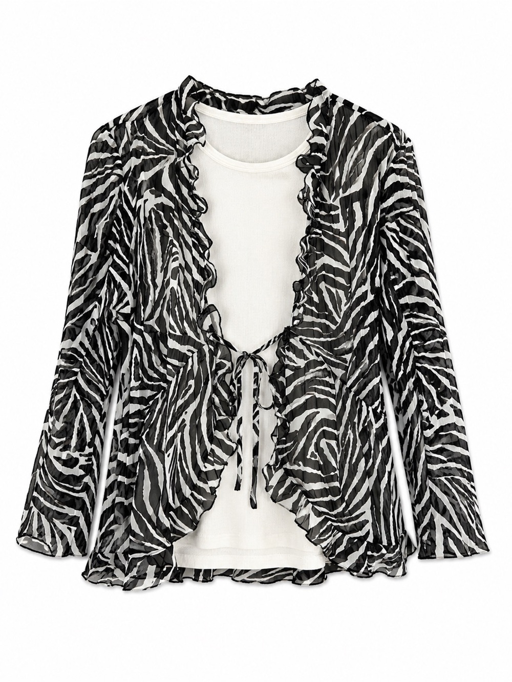 Y2K vintage Sheer Zebra Print Tie-Front Cardigan - Black & White